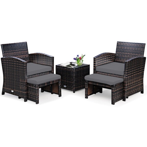 Gymax 5PCS Rattan Patio Furniture Set Chair and Ottoman Set w/ Grey