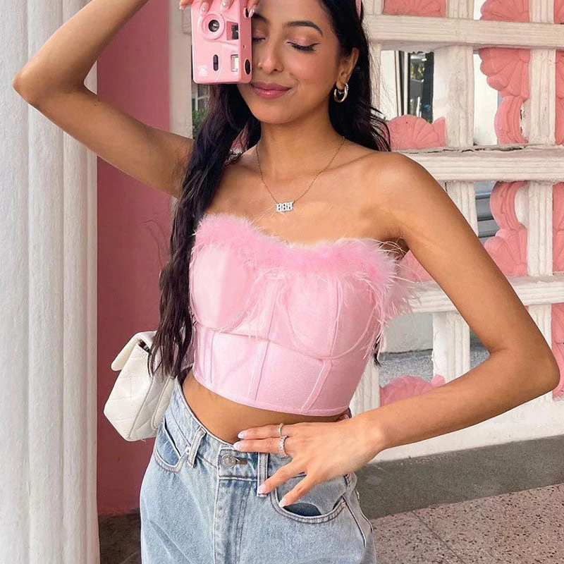 Strapless Feather Trim Corset Crop TopClistos