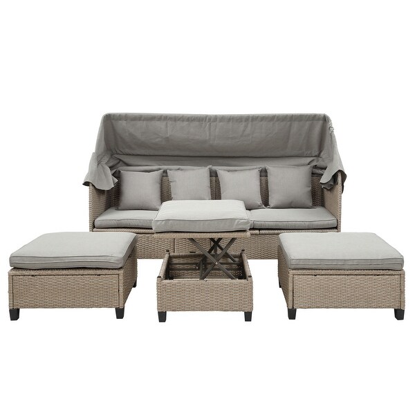 UVProof 4Piece Resin Wicker Patio Sofa Set Daybed Sunbed with Retractable Canopy and Adjustable Table