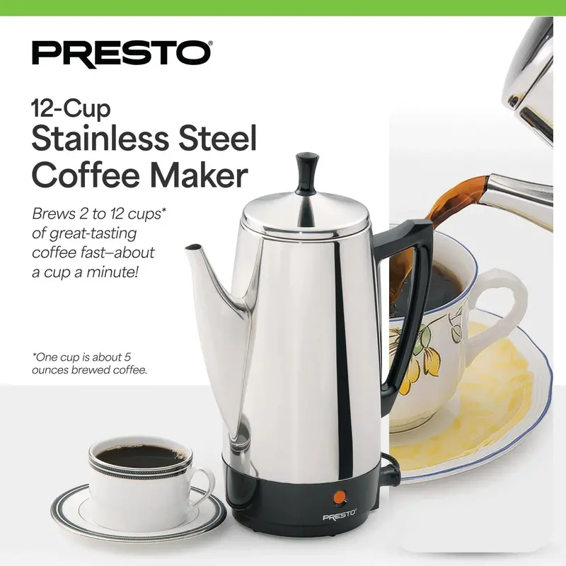 Presto 12-Cup Stainless Steel Percolator – Fast-Brewing Coffee Maker in Sleek Silver Finish
