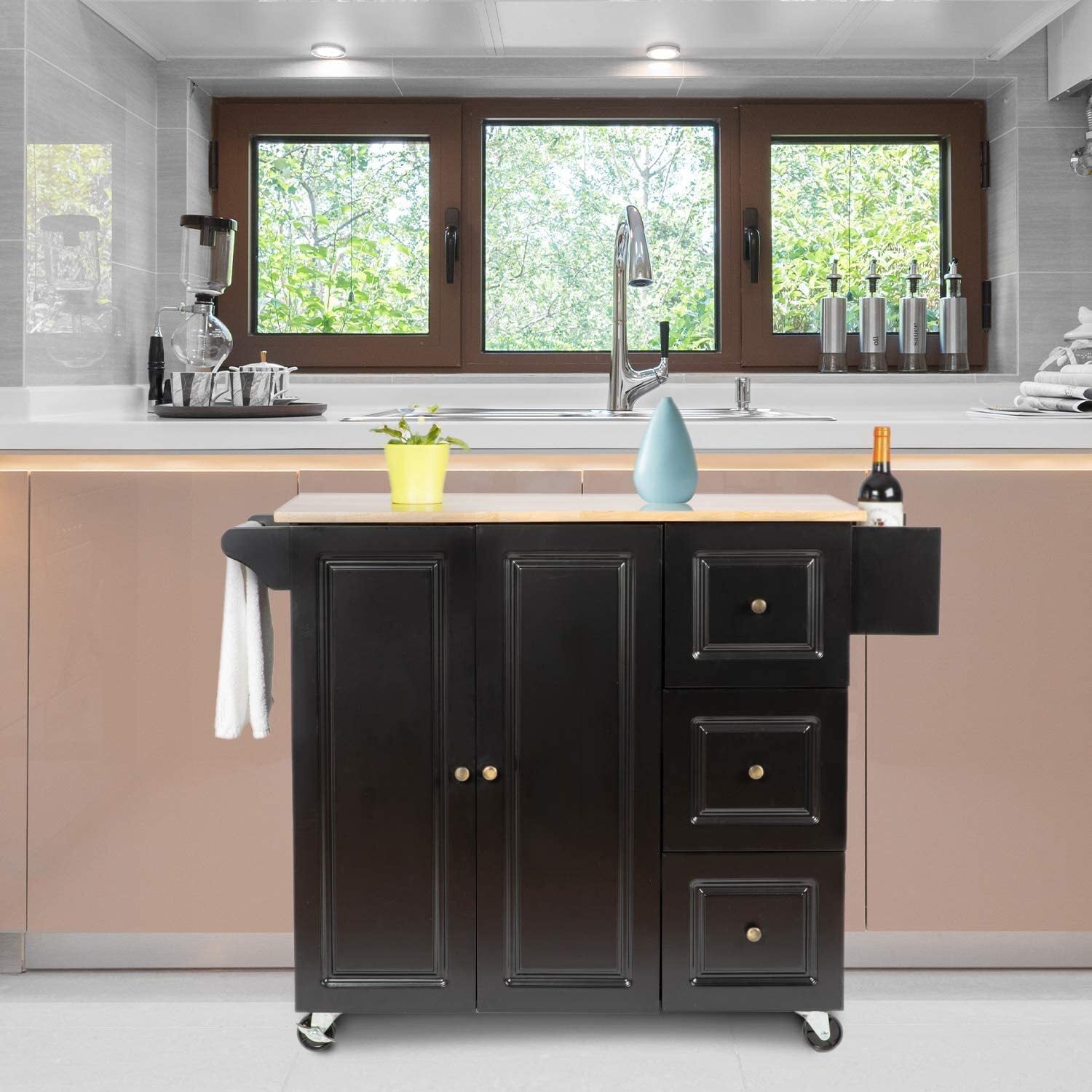 Homfa, Wooden Kitchen Island, Kitchen Cart on Wheels with Spice Rack, Towel Rack and Drawer, Expandable Top Large Kitchen Trolley Cart with Large Cabinet, Black