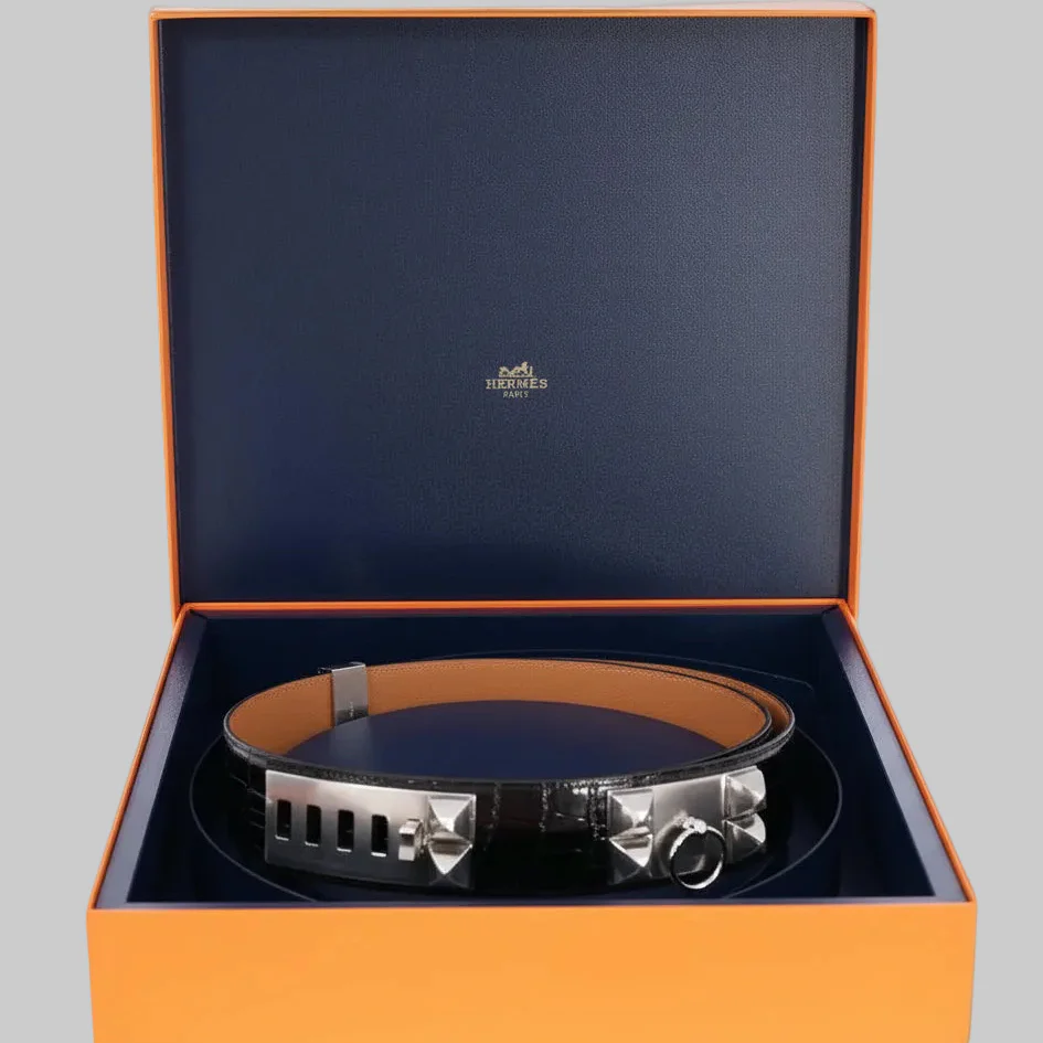 Hermès Collier de Chien Belt Faubourg en Fête Porosus Crocodile Size 80 Palladium Hardware