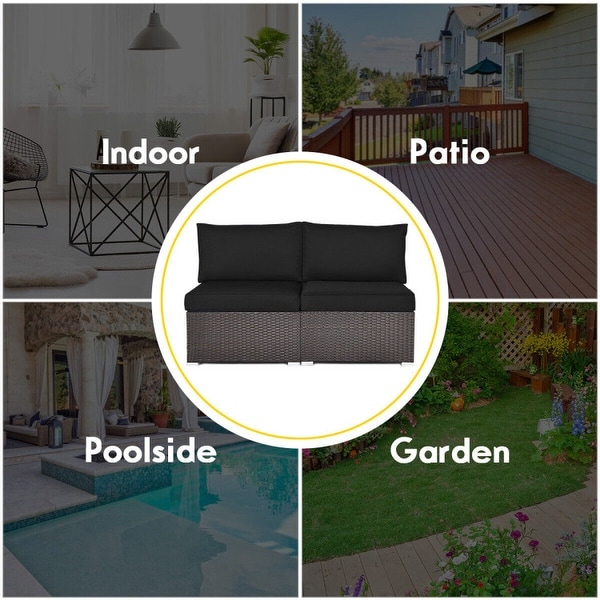 2 Pieces Patio Rattan Armless Sofa Set with 2 Cushions and 2 Pillows