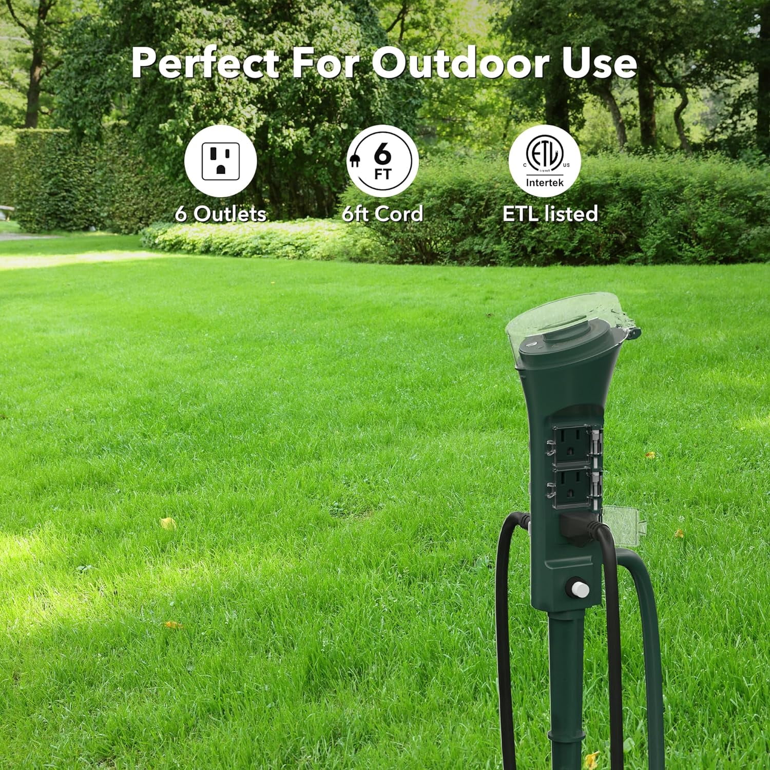 BN-LINK Outdoor Power Strip Yard Stake Timer, Photocell Dusk Till Dawn6 Grounded Outlets 6 ft Cord Weatherproof 1875W/15A ETL Listed