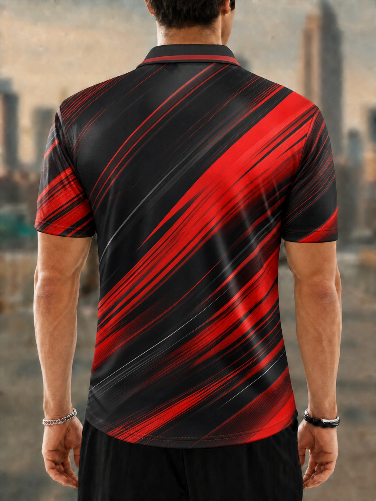 Moisture Wicking Golf Polo 3D Black Red Dynamic Diagonal Stripe Button Short Sleeve Golf Polo Shirt