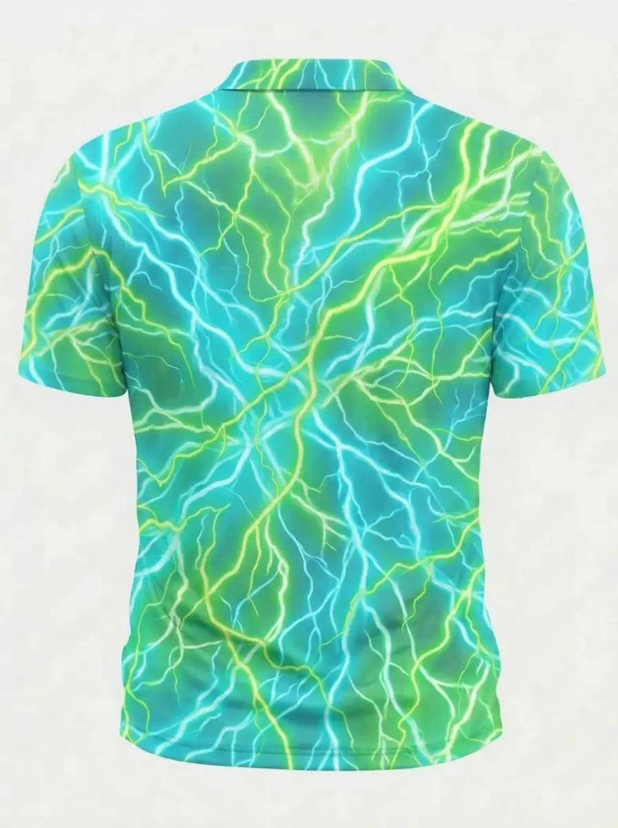 Moisture Wicking Golf Polo 3D Teal Yellow Lightning Print Button Short Sleeve Golf Polo Shirt