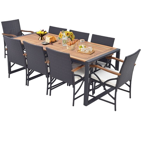 Costway 9 Pieces Patio Rattan Dining Set with Acacia Wood Table,1.9