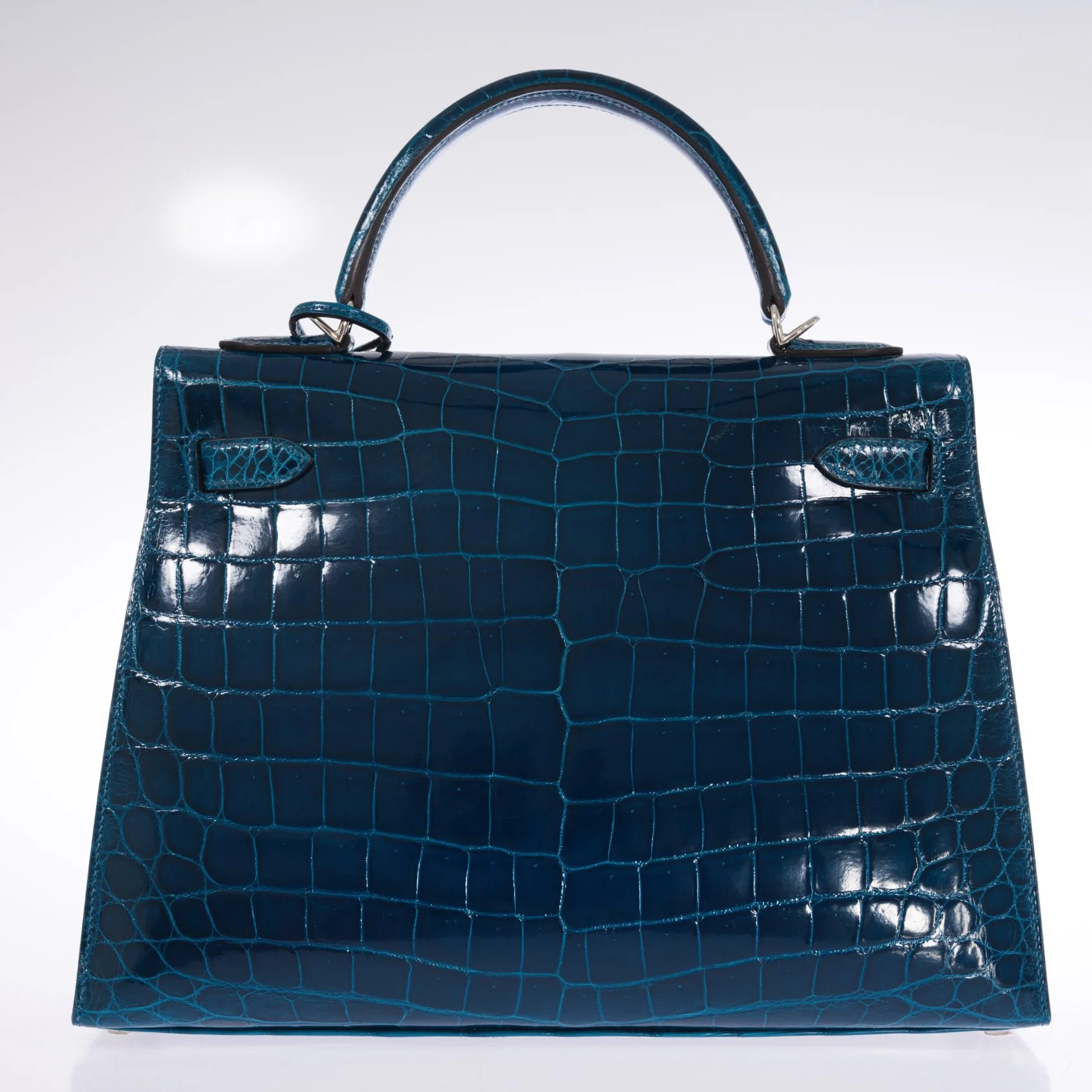 Hermès Kelly 32 Sellier Blue Colvert Shiny Niloticus Crocodile Palladium Hardware