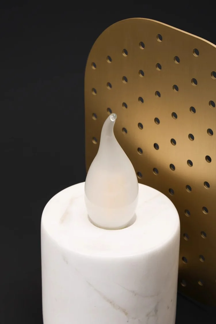 LA038 - Furniture Italian Natural Marble + Brass Hollow Screen Table Lamp Imitation Candlelight Night Light Ambience Lamp