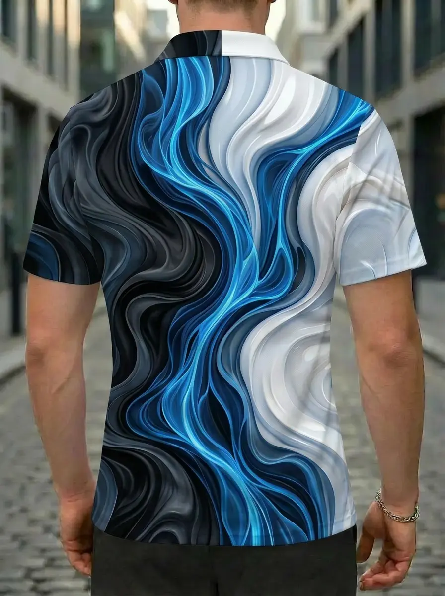 Moisture Wicking Golf Polo 3D Blue Black White Liquid Marble Button Short Sleeve Golf Polo Shirt