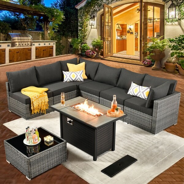 HOOOWOOO 8piece Patio Furniture Set Wicker Sectional Sofa with Fire Pit Table