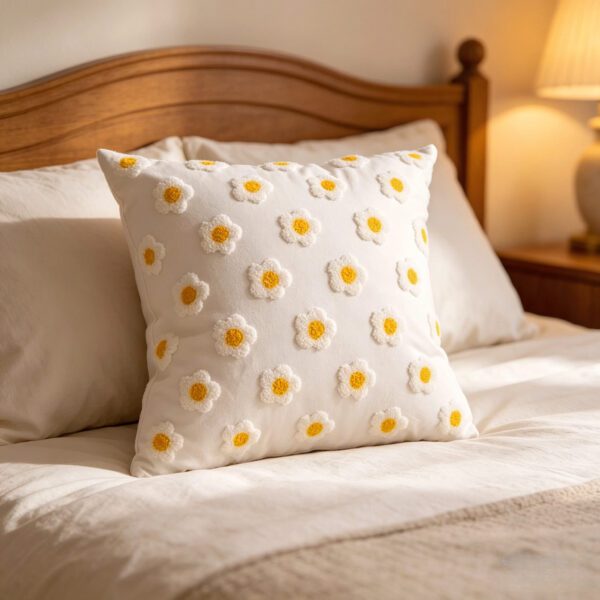 White Base Yellow Daisy Embroidered Decorative Throw Pillow with Insert