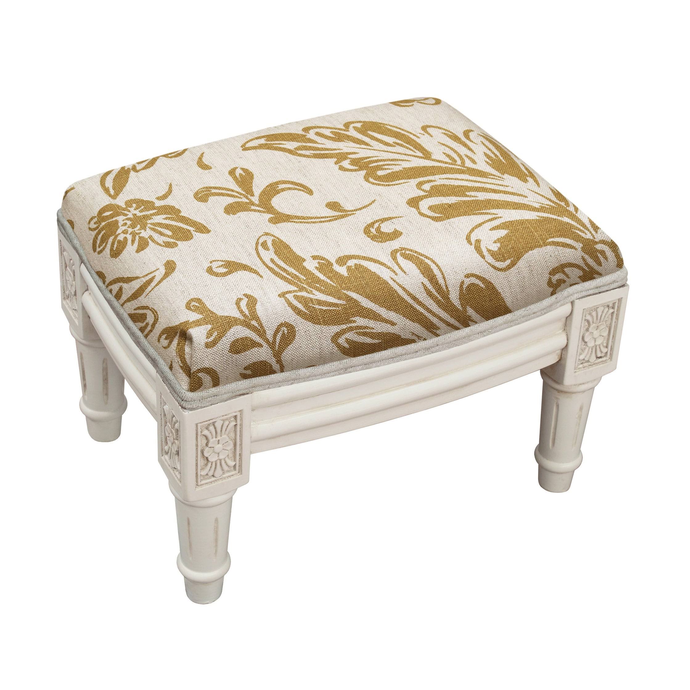 Tan Tuscan Floral Footstool with Antique White Finish - Small