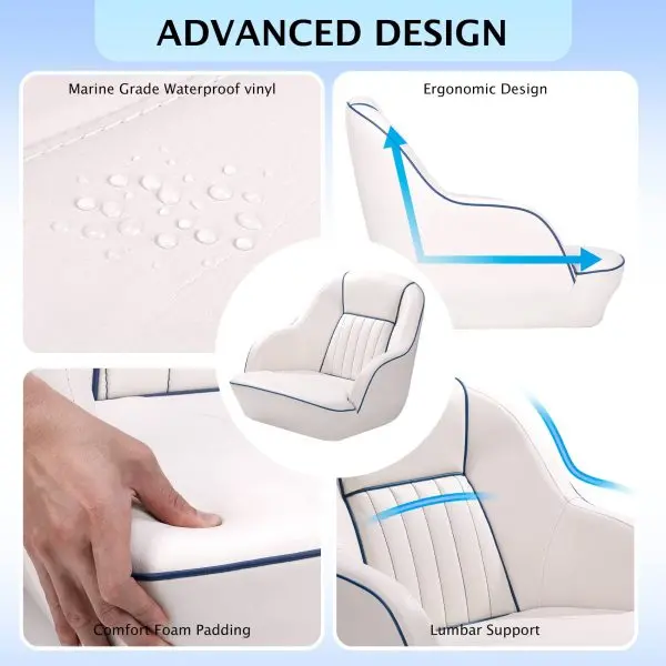 White & Blue Captains Bucket Pontoon Boat Seat – Fold-Back Backrest, Marine-Grade Cabin Seating
