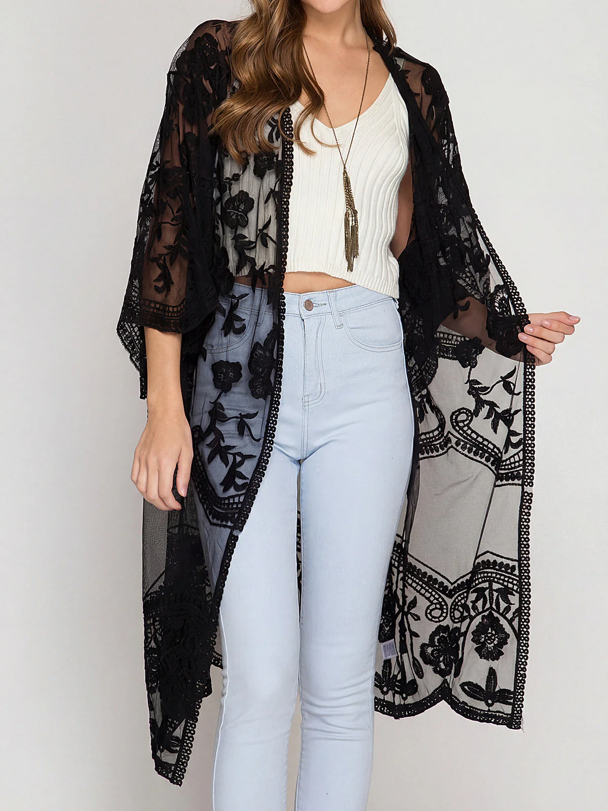 Embroidered Lace Kimono Cover UpClistos