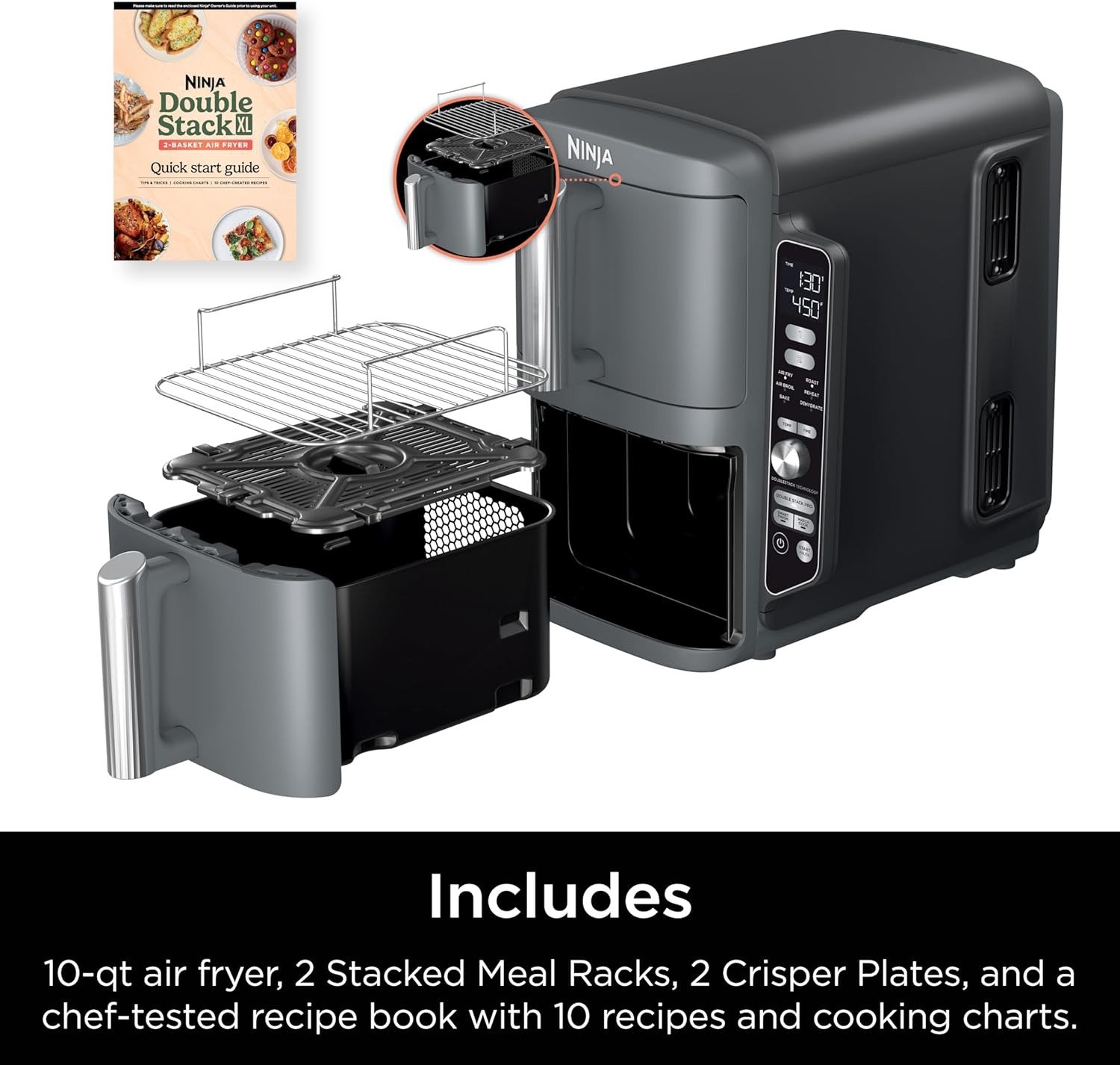 10QT DoubleStack 2-Basket Air Fryer, 4-Food Cooking, Smart Finish, Space-Saving Design, Grey