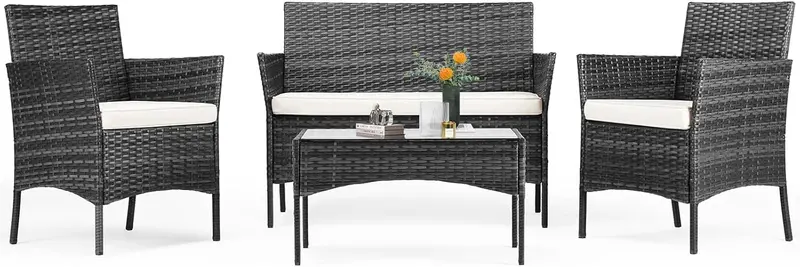 Sweetcripy 3-Piece All-Weather Patio Set – Woven Rattan Chairs with Cushions and Tempered Glass Table
