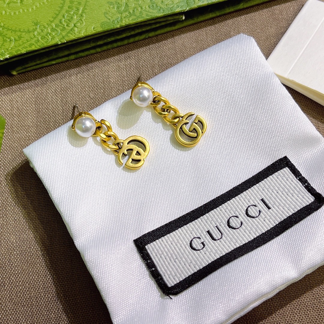 Gucci Pearl Double G Earrings Gold 645665 I4620 8078