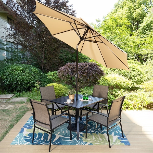 MAISON ARTS 6Piece Patio Dining Set,37 Inch Square Metal Table and 4 Textilene Dining Chairs with 9ft Patio Umbrella