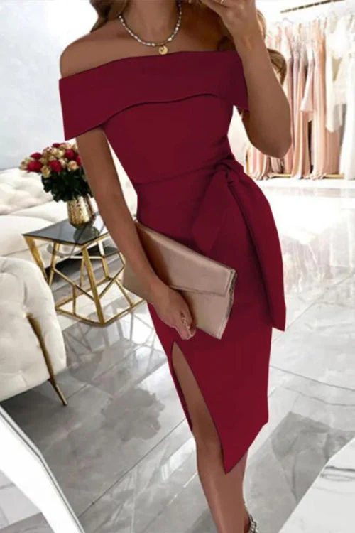 Off Shoulder Belted Slit Maxi DressClistos