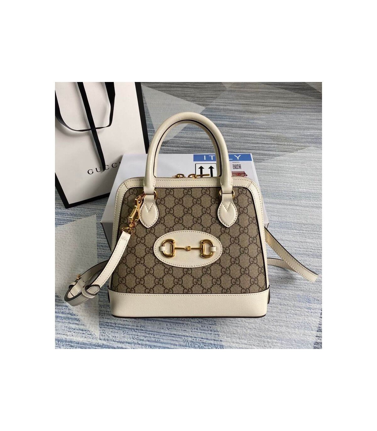 Gucci 1955 Horsebit mall Top Handle Bag In White GG Supreme Canvas 25cm