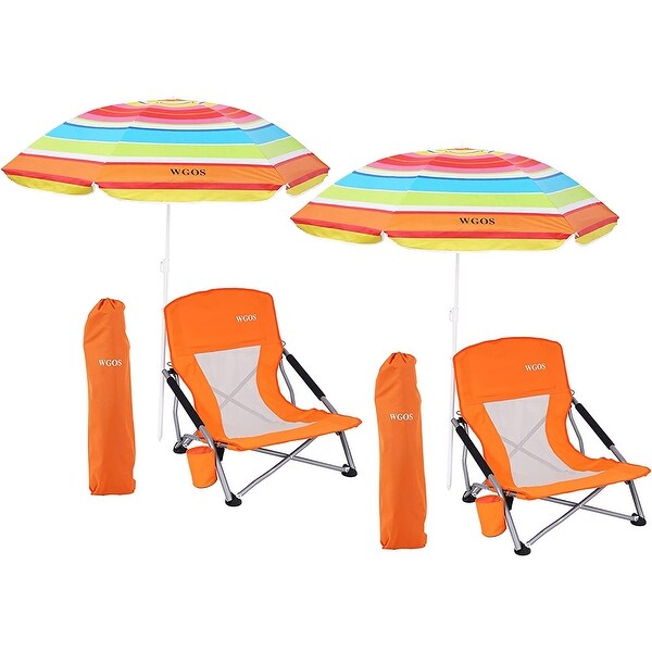 Low Beach Folding Camping Chair with Detachable SPF 50 Umbrella,Armrests with Cup Holder,Portable Lightweight Outdoor
