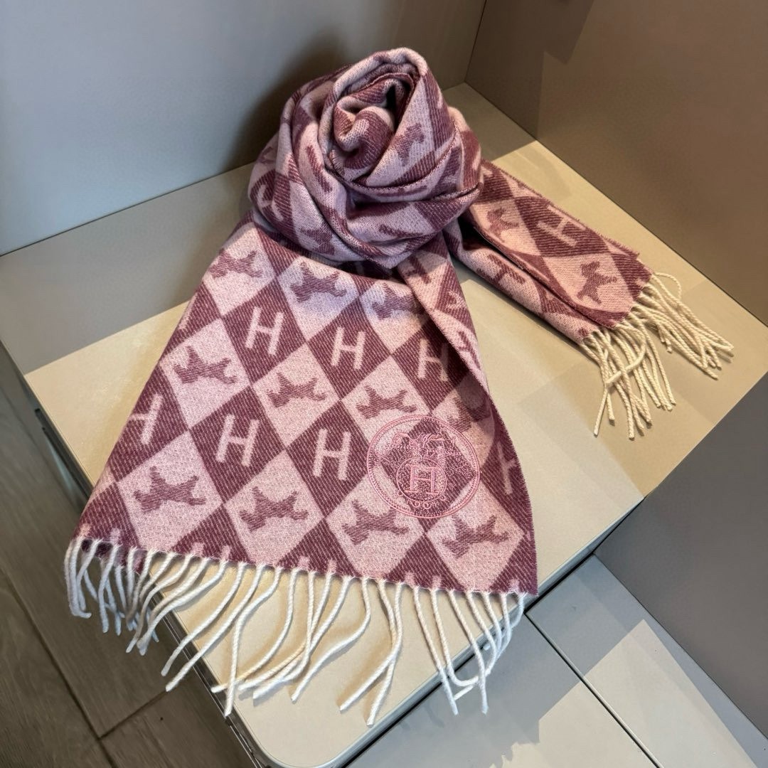 Hermes Diamond H Cashmere Scarf Burgundy For Women 180cm