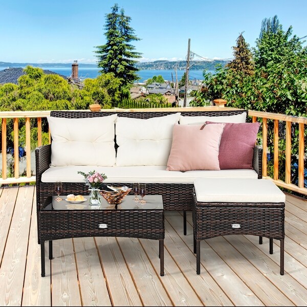 Costway 3PCS Patio Rattan Furniture Set 3Seat Sofa Cushioned Table