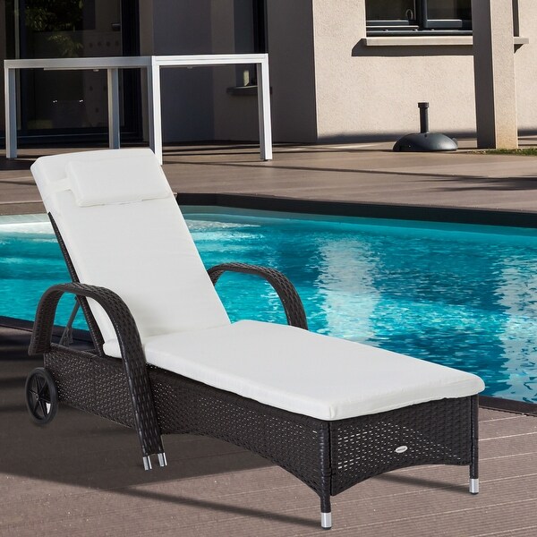 Outsunny Outdoor Rattan Wicker Chaise Lounge Chair with Height Adjustable Backrest and Durable Material,Dark Coffee