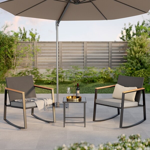 3 Piece Rocking Patio Bistro Set Wicker,Rocking Chair Pub Set with Glass Table