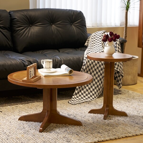 2Piece Modern Farmhouse Living Room Coffee Table Set,Stylish and Elegant Nesting Round Wooden Table