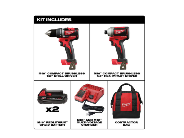 2892-22CT M18 18-Volt Lithium-Ion Brushless Cordless Compact Drill/Impact Combo Kit (2-Tool), 2801-20, 2850-20, 48-11-1820, 48-59-1812