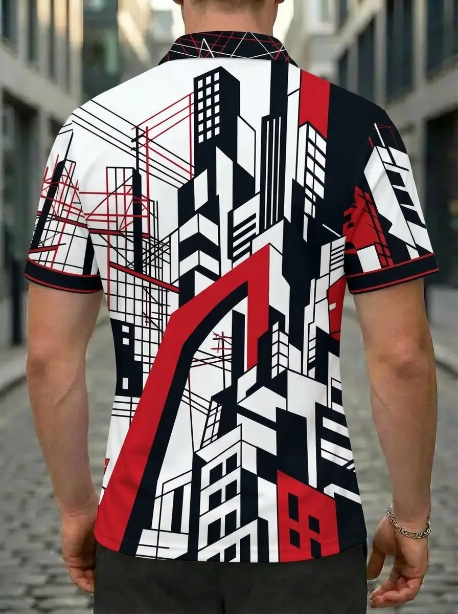 Moisture Wicking Golf Polo 3D Red Black White City Building Button Short Sleeve Golf Polo Shirt