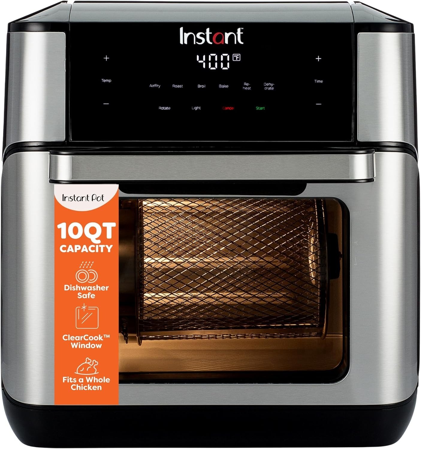 10QT Air Fryer, 7-in-1 Functions with EvenCrisp Technology that Crisps, Broils, Bakes, Roasts, Dehydrates, Reheats & Rotisseries, Includes over 100 In-App Recipes, Stainless Steel