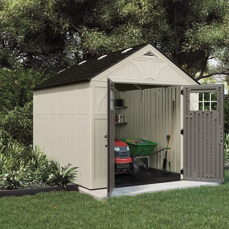 Suncast 8 ft x 10 ft Resin & Steel Storage Shed – Vanilla-Colored, Weather-Resistant Outdoor Unit
