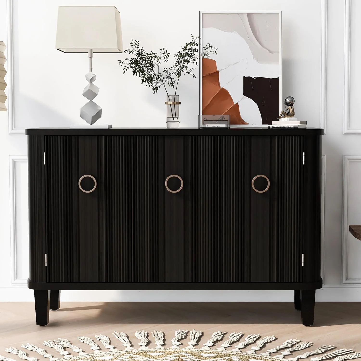 Sidebaord Buffet Cabinet Accent Storage Cabinet With 3 Fir Doors, Adjustable Shelf, Solid Wood Legs, Wooden Entryway Cabinet For Study, Corridors,And Entrances (Black)