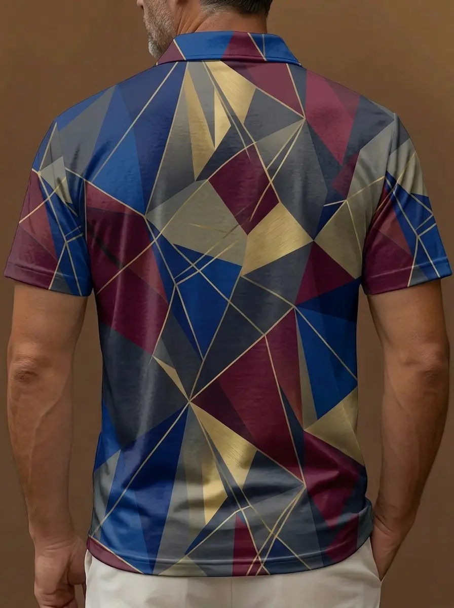 Blue Maroon Gold Geometric Triangle Print Short Sleeve Golf Polo Shirt