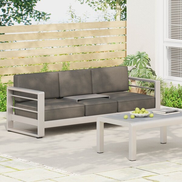 Cape Coral Outdoor Cushioned Aluminum Sofa with Tray by Christopher Knight Home