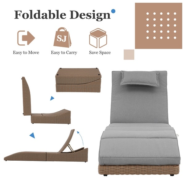 Patio Wicker Chaise Lounge Recliner Foldable Chair,w/ 5 Adjustable Back Positions and Cushion
