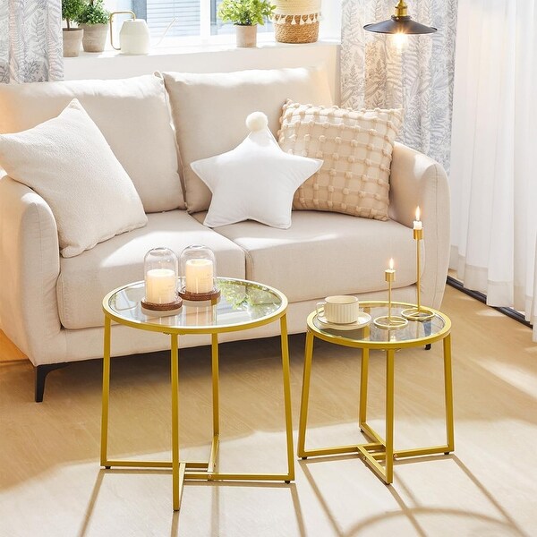 Coffee Table Set of 2,Gold End Table with Glass Top,Round Table