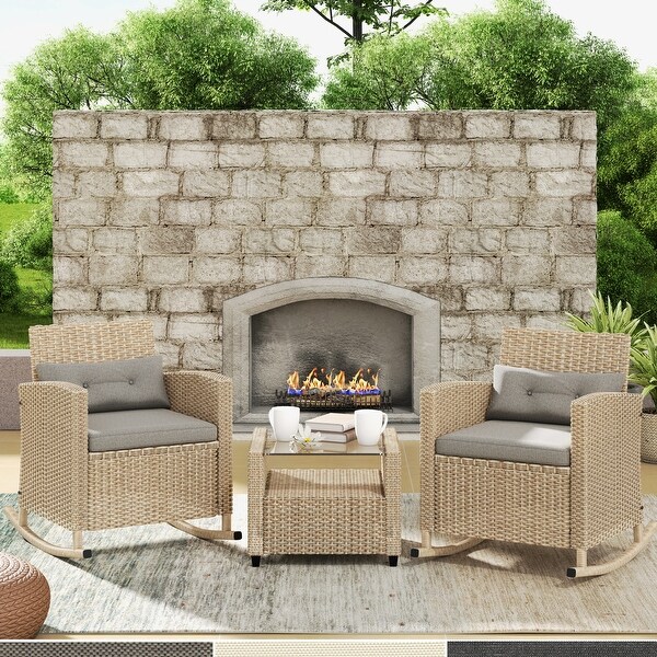 Corvus Fatih 3piece Outdoor Wicker Rocking Chat Set with Cushions