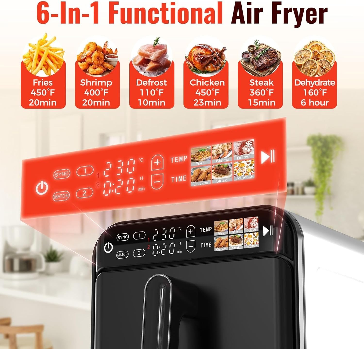 11.6QT Dual Vertical Air Fryer Sync Match 6 Presets Nonstick Dishwasher Safe 1600W Black