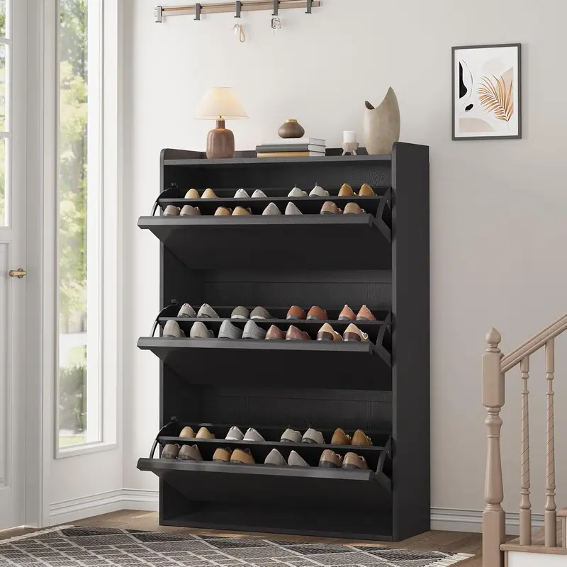 Wooden Shoe Storage Cabinet with 3 Concealed Flip Drawers – GarveeHome Hidden Organizer