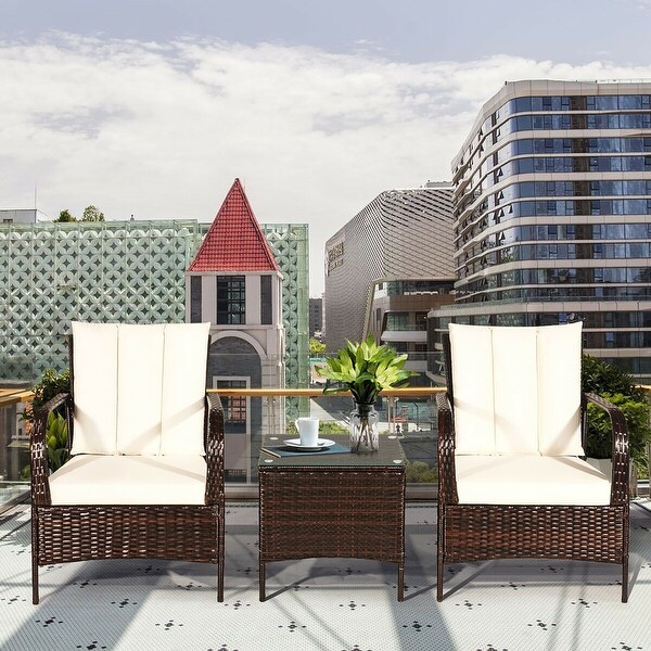 Costway 3 PCS Patio Rattan Furniture Set Coffee Table and 2 Rattan Chair