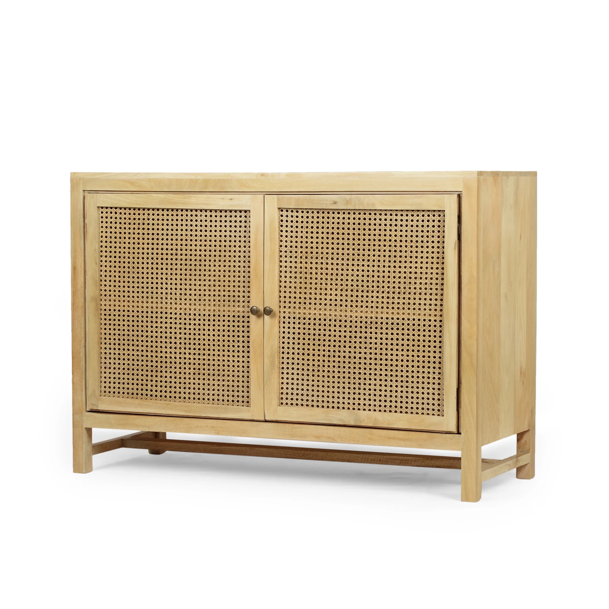 Noble House Heidi Boho Handcrafted 2 Door Mango Wood Cabinet with Wicker Caning, Natural