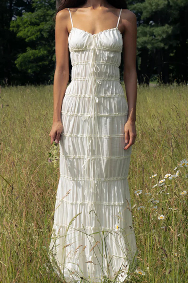 Backless Ruched V-Neck Sling Maxi DressClistos