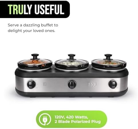 Triple Buffet Server – Three 2.5 Quart Removable Crock Inserts – Slow Cooker & Food Warmer with Individual Heat Control – Includes Lid Rests & Serving Spoons