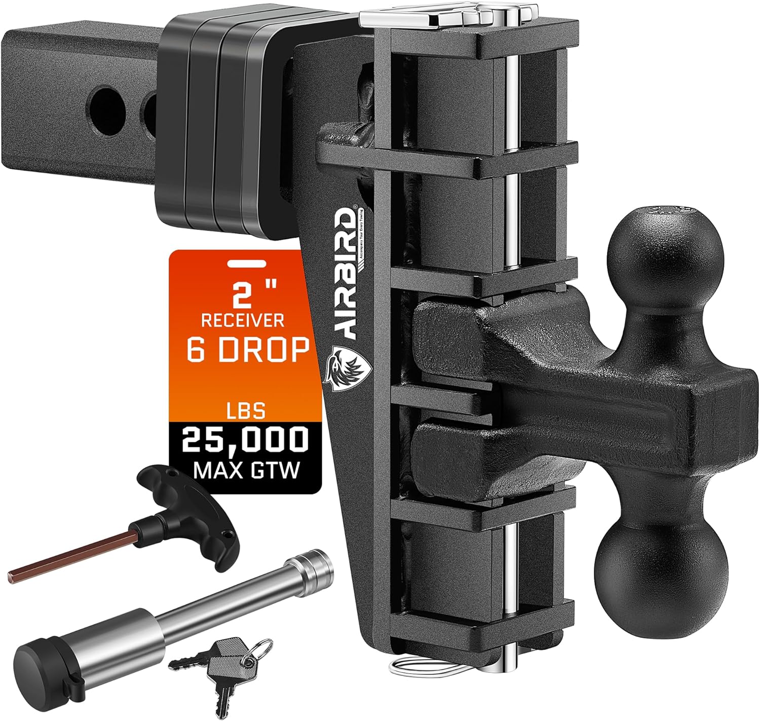 Adjustable Trailer Hitch Fits 2-Inch Receiver, Heavy Duty Tow Hitches (17000 LBS GTW) 6 Inch Drop Truck Hitch Tri-Ball Mount with Hook (1-7/8