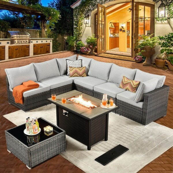 HOOOWOOO 8piece Patio Furniture Set Wicker Sectional Sofa with Fire Pit Table