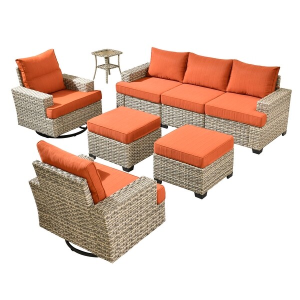 OVIOS 8 Pieces T shaped Seat Wide Armrest Swivel Chair Set With Ottoman